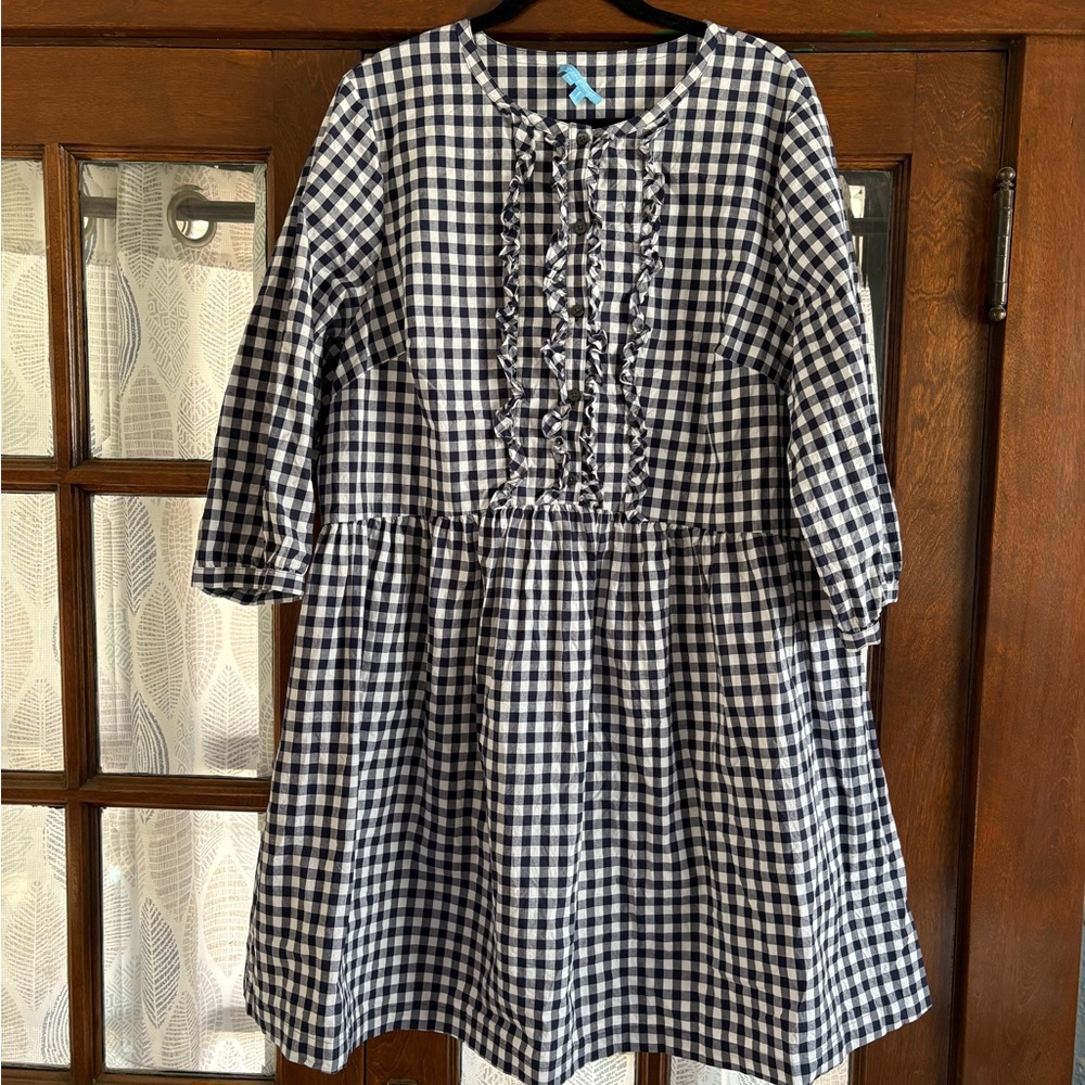 Draper James Wanda Navy Blue and White Checkered Gingham 3/4 Sleeve Cotton Dress - Picture 4 of 9